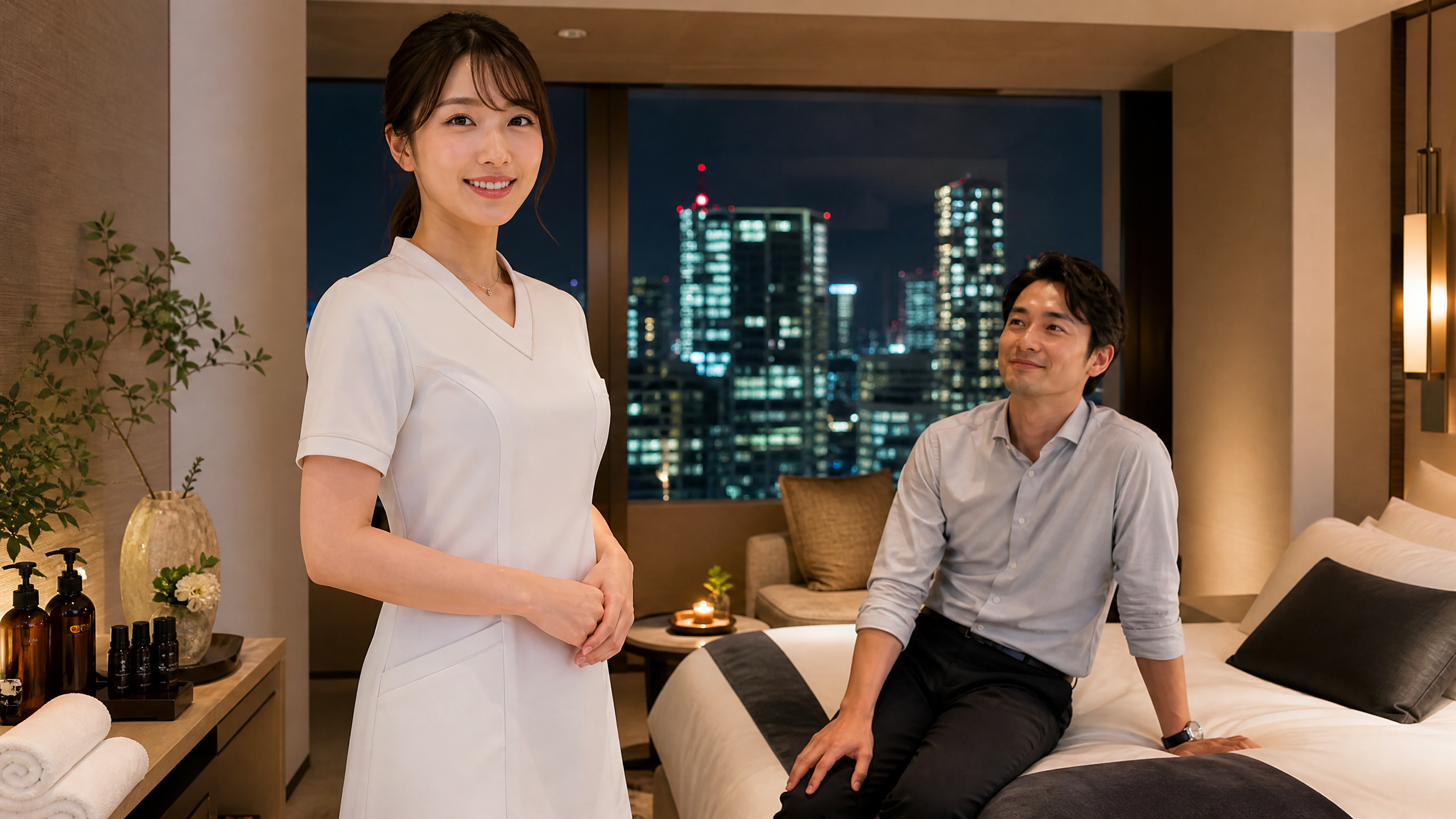 東京のホテルで出張マッサージを受けるビジネスマン
