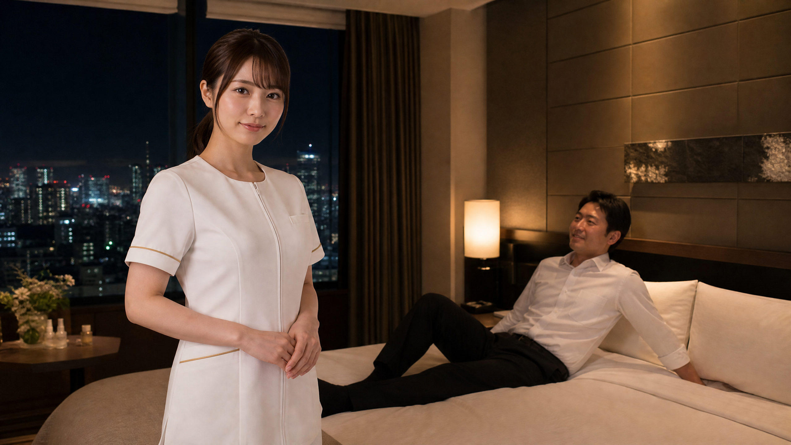 深夜の東京のホテルで出張マッサージを受けるビジネスマン