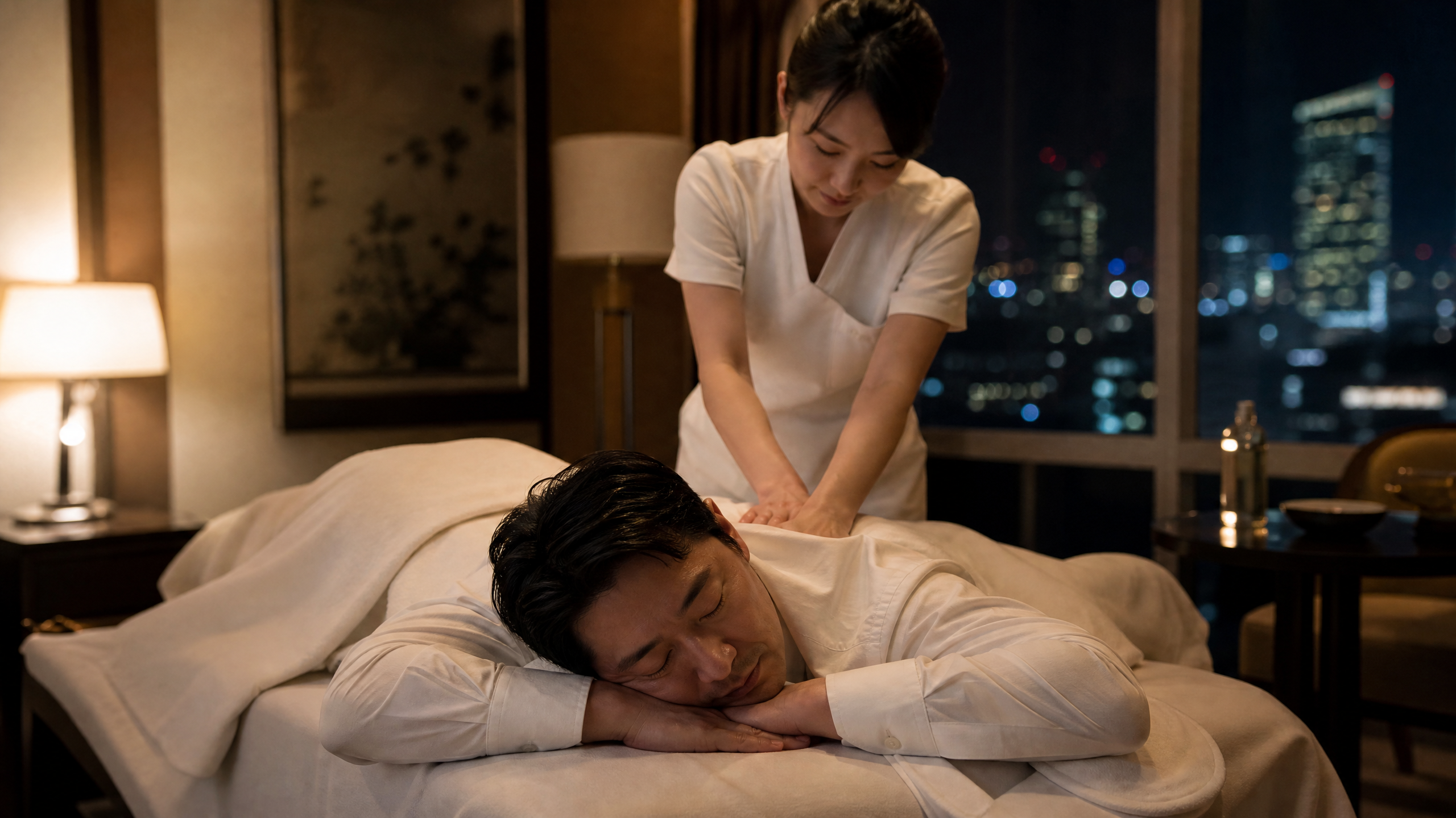 深夜のホテルでアロママッサージを受ける様子
