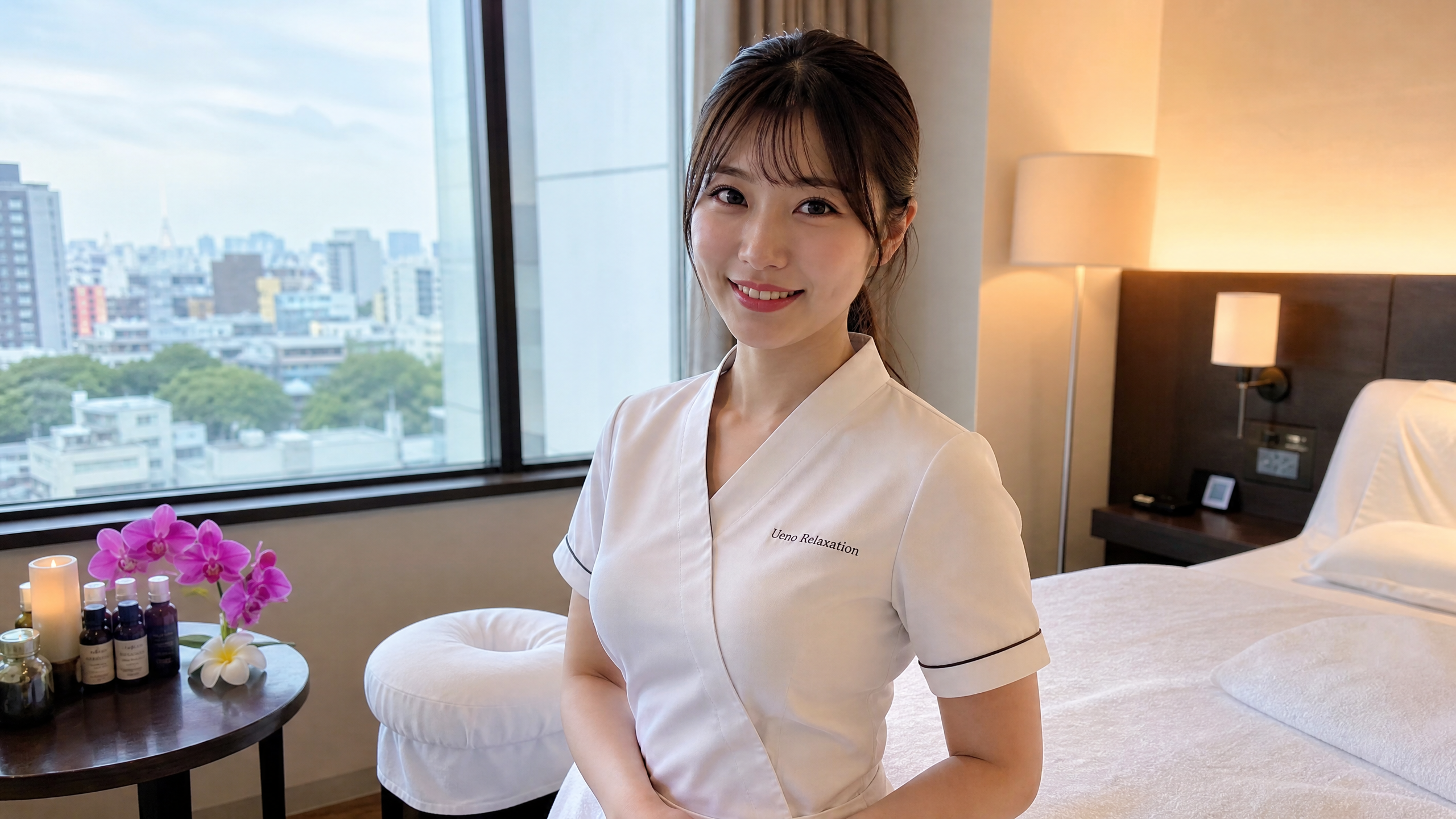 上野のホテルで出張マッサージを受ける様子